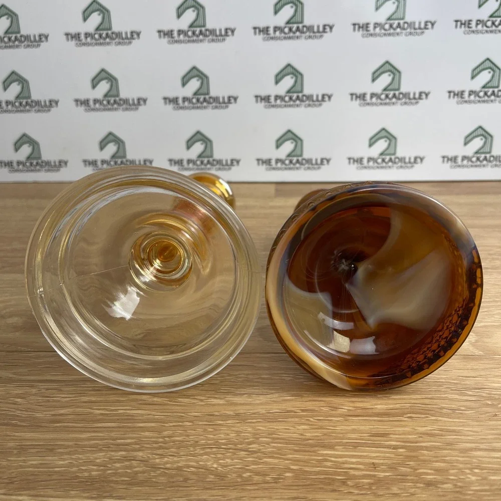 Vintage Amber Carnival Glass & Brown Slag Glass Taper Candlestick Holders Set 2